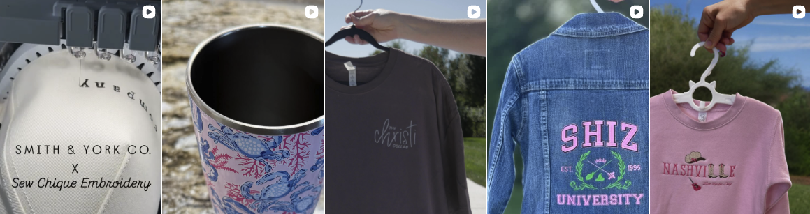 First image shows a white fabric with black text, the second displays a decorative mug with a blue and pink pattern, the third features a person holding a black T-shirt with gray text, the fourth shows the back of a denim jacket with pink embroidered text reading "SHIZ UNIVERSITY," and the fifth depicts a person holding a pink T-shirt on a hanger with an embroidered design.