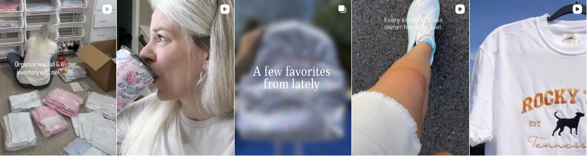 A woman holding a mug, a white t-shirt with a black dog graphic and orange text, and a person wearing turquoise sneakers and white shorts.