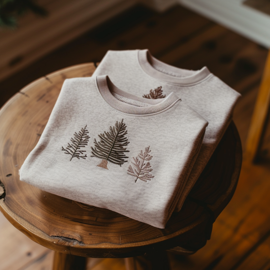Two folded light gray sweaters with tree designs, placed on a round wooden table.