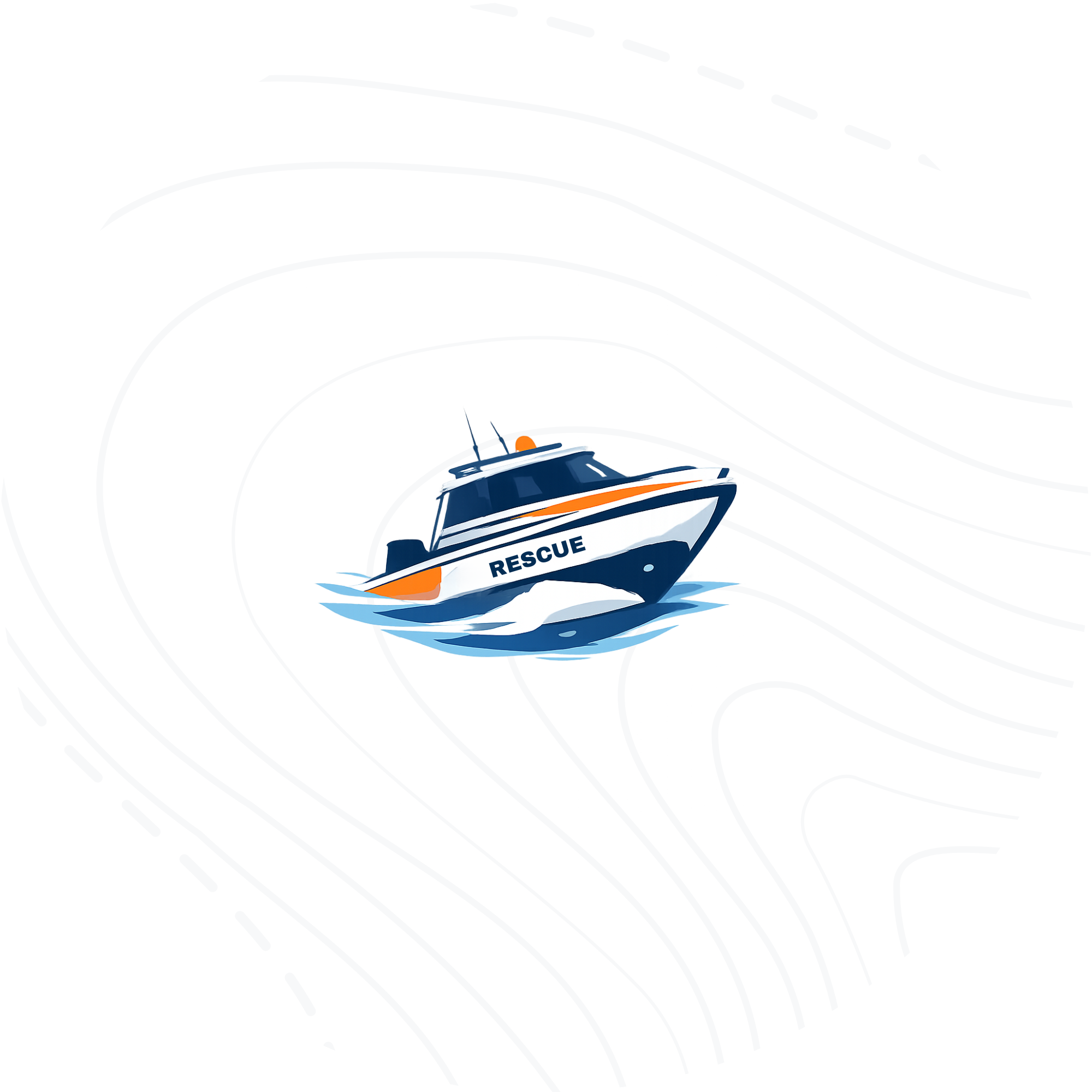 A rescue boat with the word 'RESCUE' on it, sailing on water at night, with flashing red and blue lights in the background.