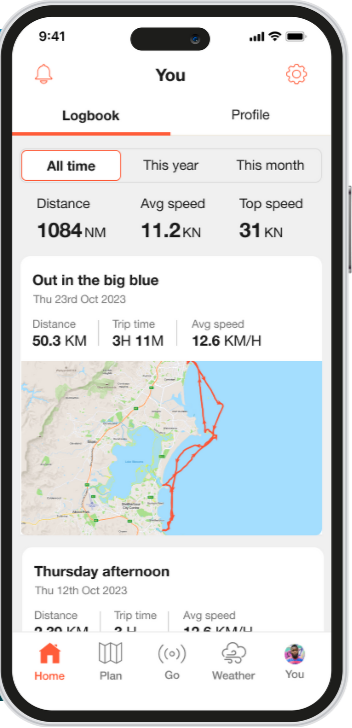 Mobile app screen showing driving log with weekly map of routes, distance, travel time, and speed statistics.