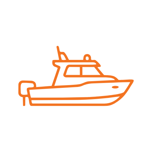 Outline of a boat with a crewed cabin, depicted in orange neon lines on a black background.