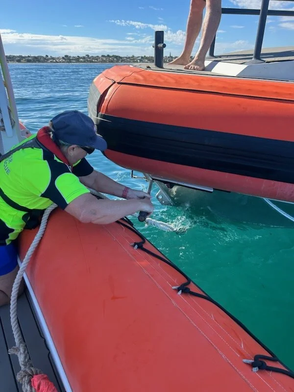 A person in a bright yellow life jacket and a blue cap is anchoring or securing a small orange boat to a larger boat with an anchor near the water's surface. The scene takes place on a body of water with a distant shoreline visible under a partly cloudy sky.