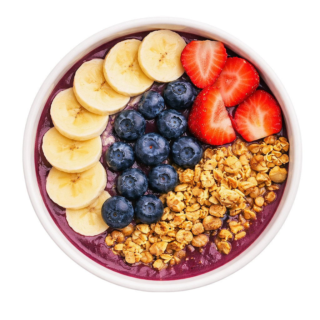A bowl of smoothie topped with banana slices, blueberries, strawberries, and granola.