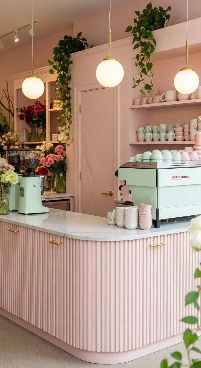 A pastel pink coffee shop counter with a white marble top, hanging globe pendant lights, green potted plants, and shelves with pastel-colored cups and mugs. An espresso machine and a coffee grinder are on the counter, with fresh flowers in vases nearby.