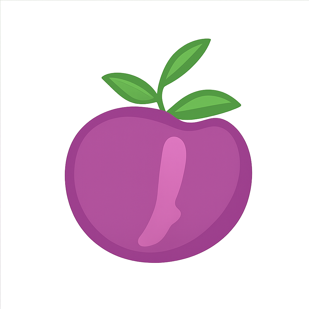 A stylized digital illustration of a purple fruit with two green leaves on top, emitting a neon glow.