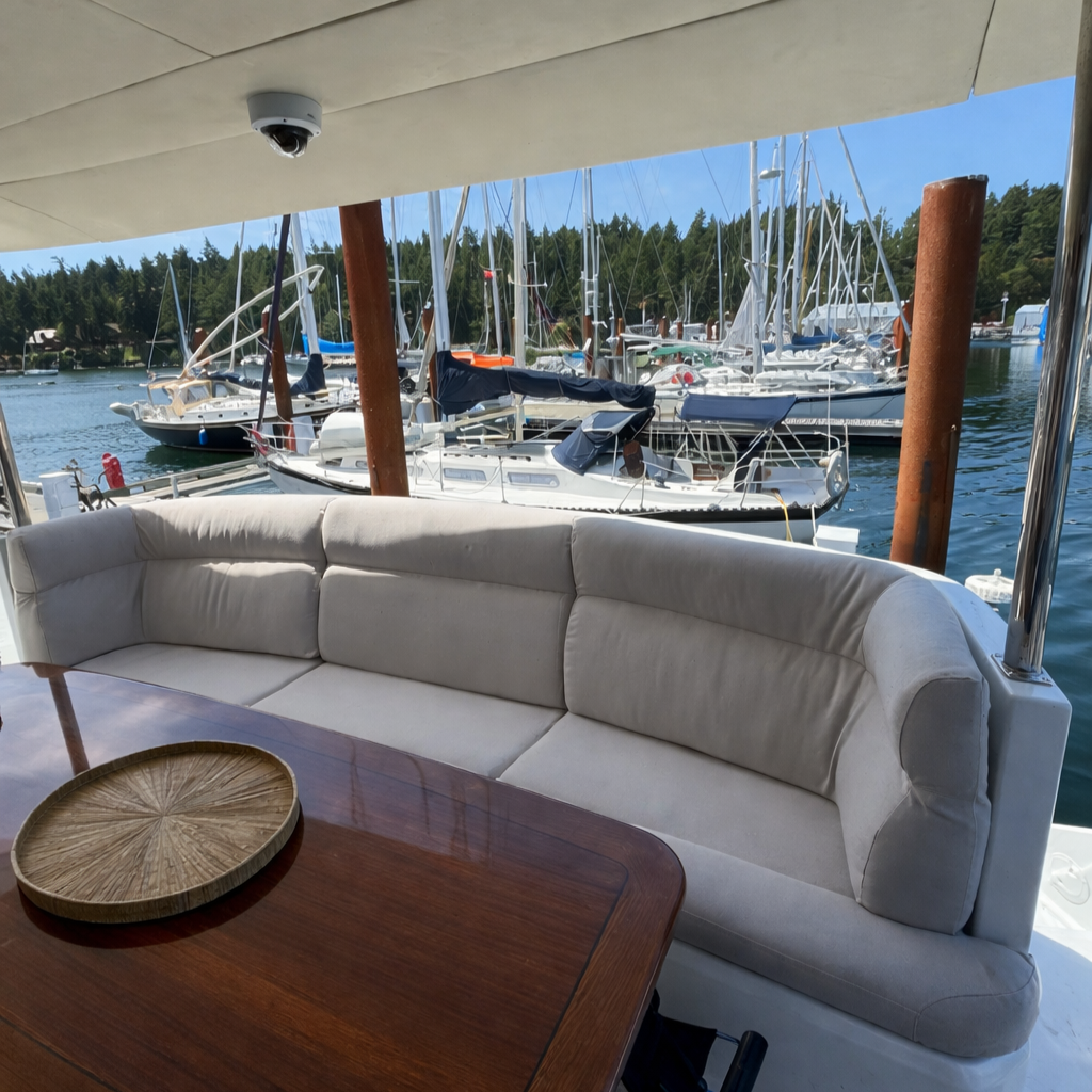 View of boats docked at a marina with a cushioned sofa and table in the foreground.
