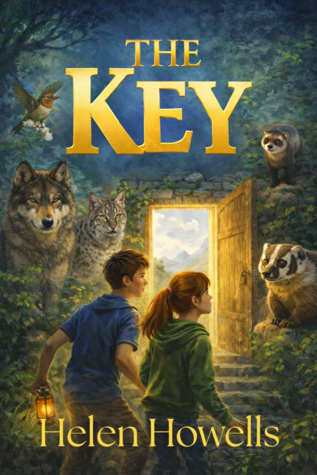 Book cover titled 'The Key' by Helen Howells, featuring two children at a forest entrance with animals including a wolf, badger, and various birds.