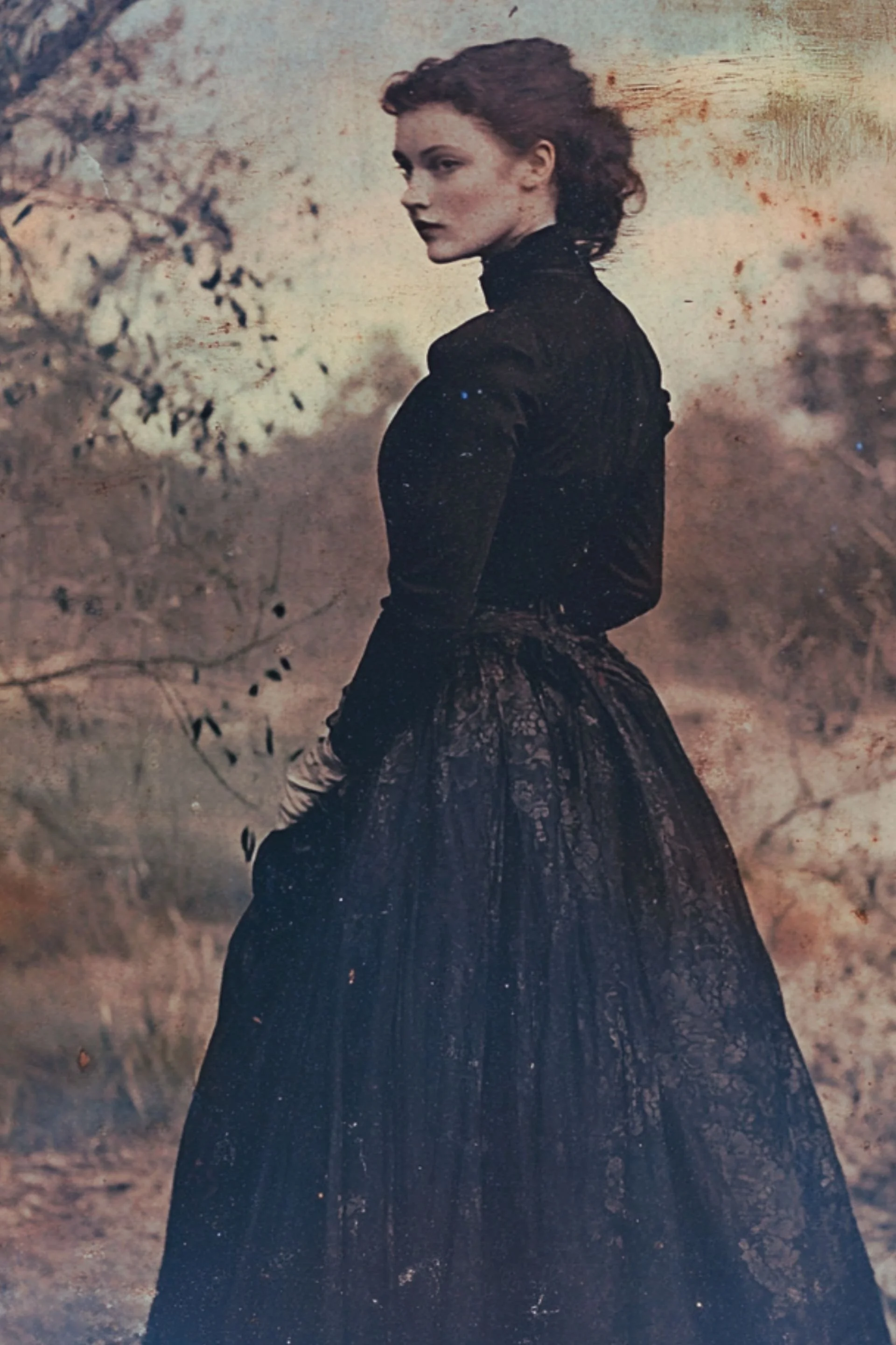 A woman dressed in a vintage black lace dress standing outdoors in a natural setting, possibly in autumn or late fall, with trees and a cloudy sky in the background.