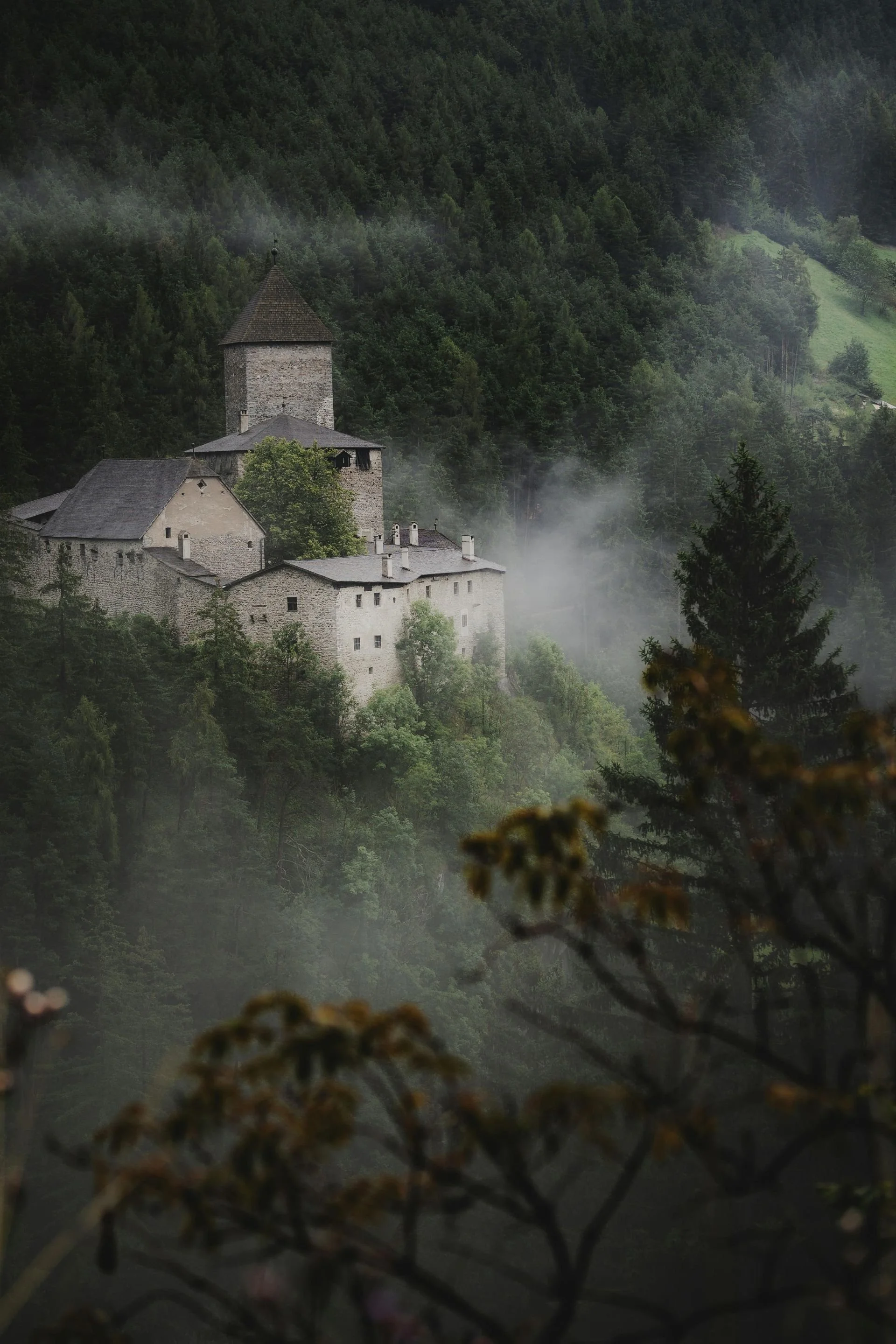 Medieval stone castle atop a lush green misty mountain surrounded by trees.