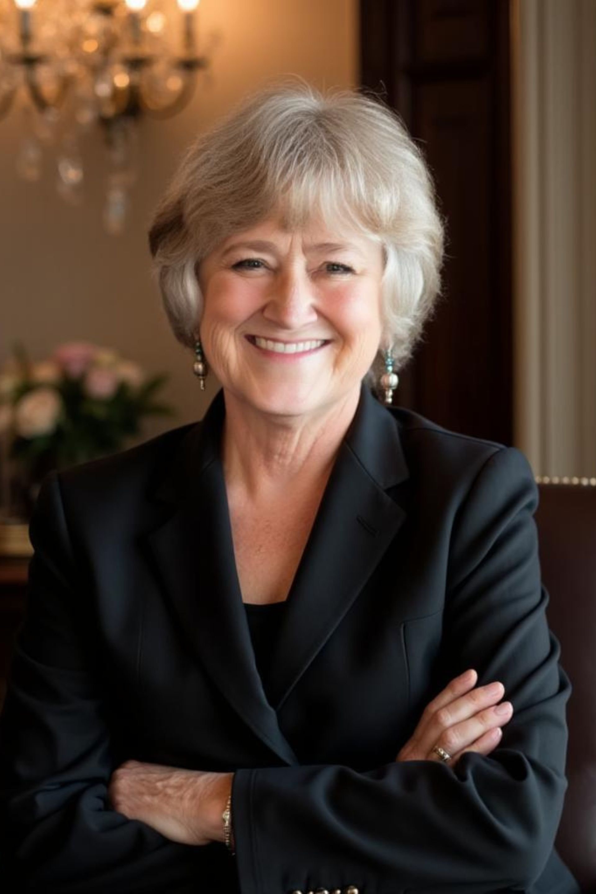 Portrait of historical time travel fiction author Helen Pilz wearing earrings and a black blazer, seated indoors with a chandelier and flowers in the background.