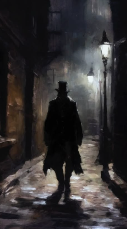Dark, foggy street scene at night with a man in a top hat and long coat walking away from the viewer, illuminated by vintage street lamps.