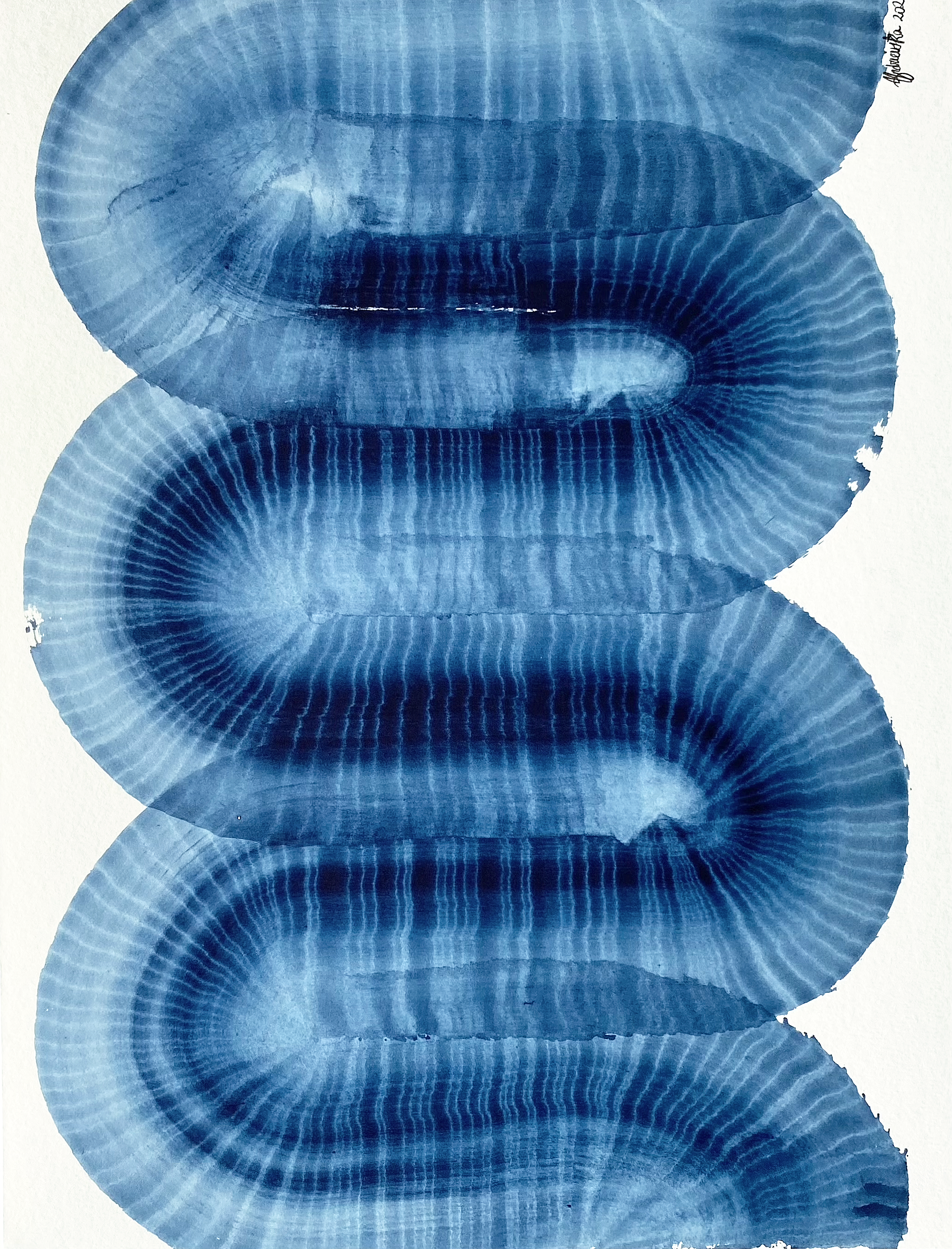 Abstract painting of indigo watercolor, semi-circular shell-like patterns arranged vertically in a repeating sequence on white background, resembling an blue snake.