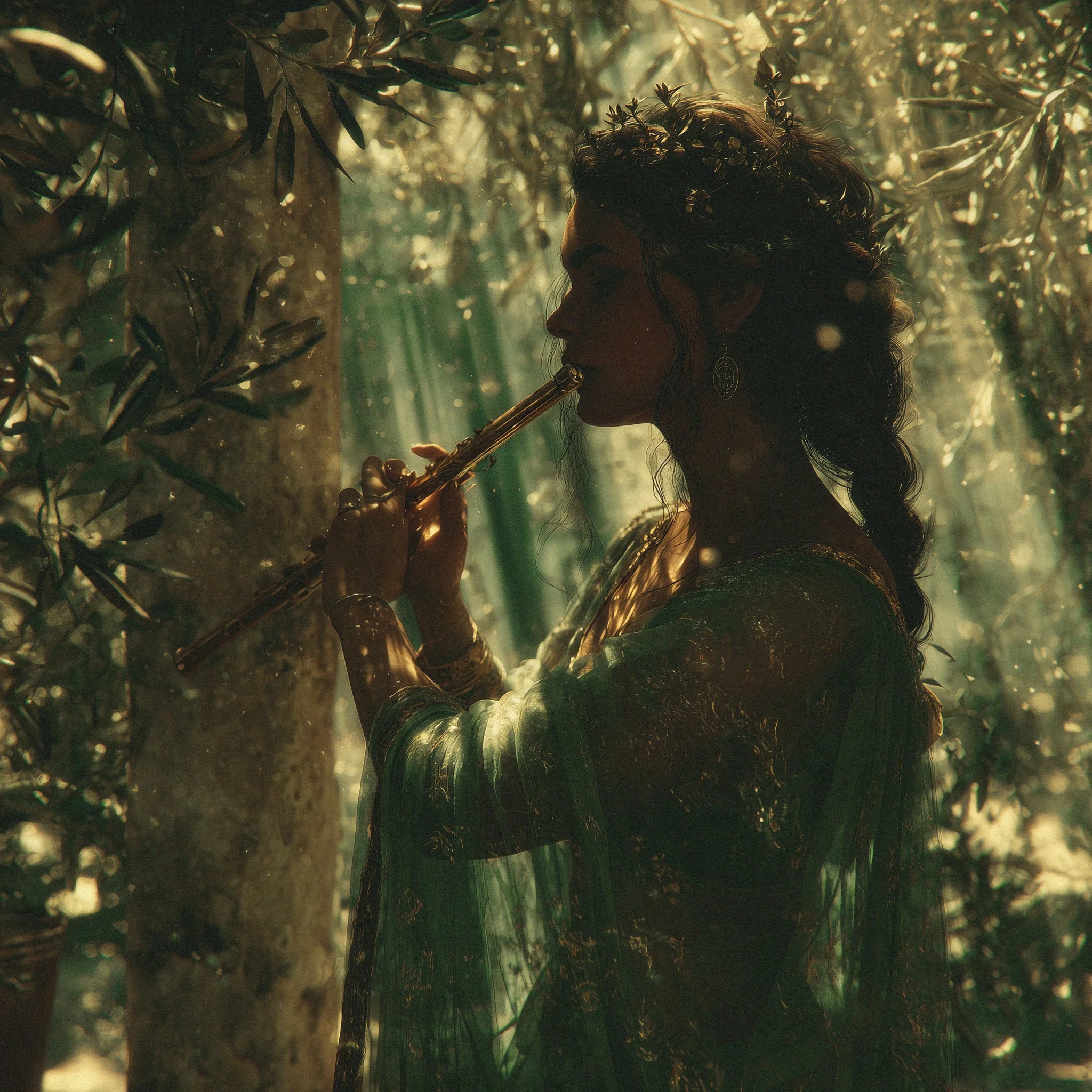 A woman with dark hair in a braid playing a flute in a dense, sunlit forest surrounded by green foliage.