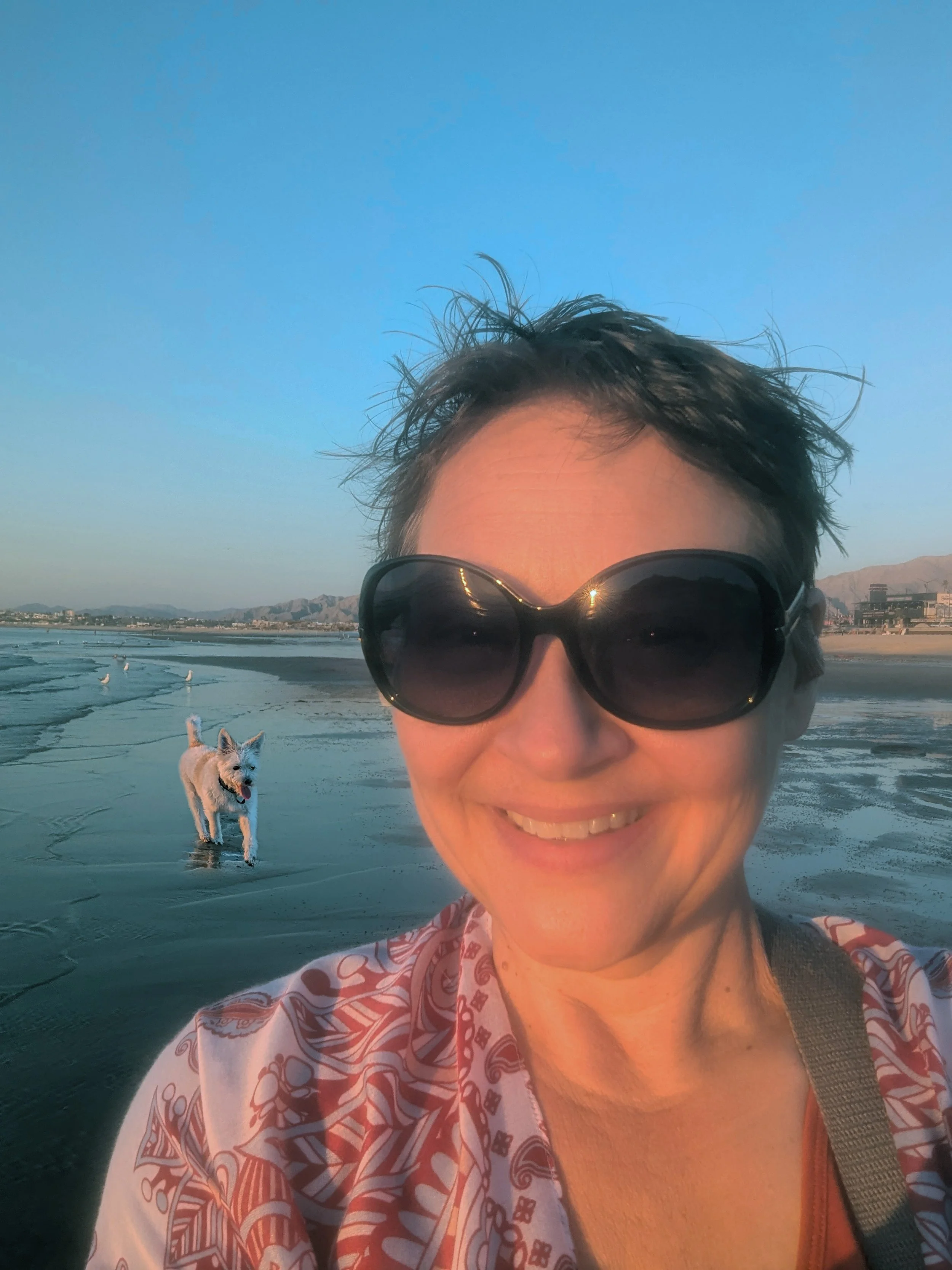 A woman wearing sunglasses smiling at the camera with a dog walking nearby on the beach during sunset.