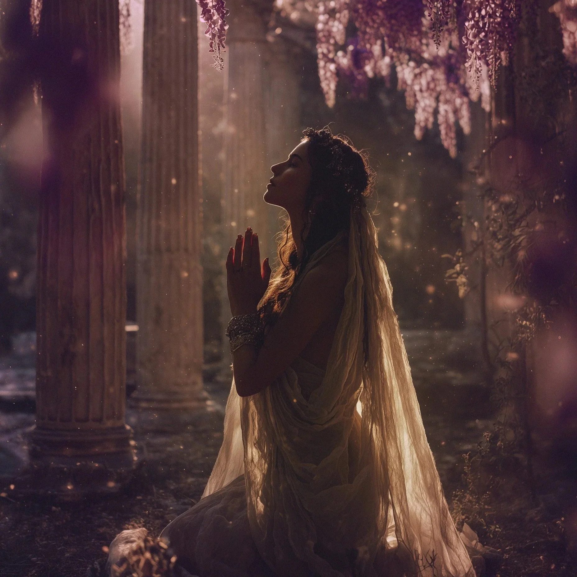 A woman with long curly hair and light-colored dress sitting with her hands together in a prayer pose in a forest surrounded by tall trees and blooming purple wisteria flowers, sunlight filtering through the trees creating a mystical atmosphere.