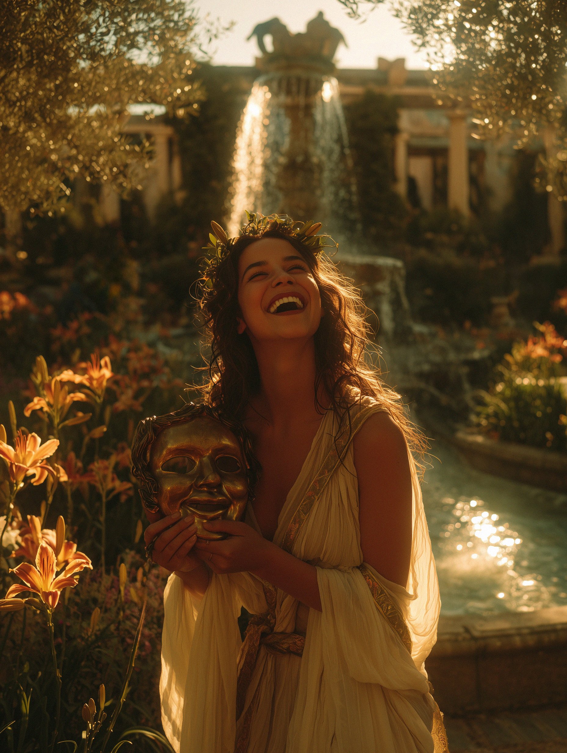 A woman wearing a light-colored dress and a leafy crown, smiling joyfully while holding a gold mask, standing in front of a fountain illuminated by warm sunlight in a garden with flowers and trees.