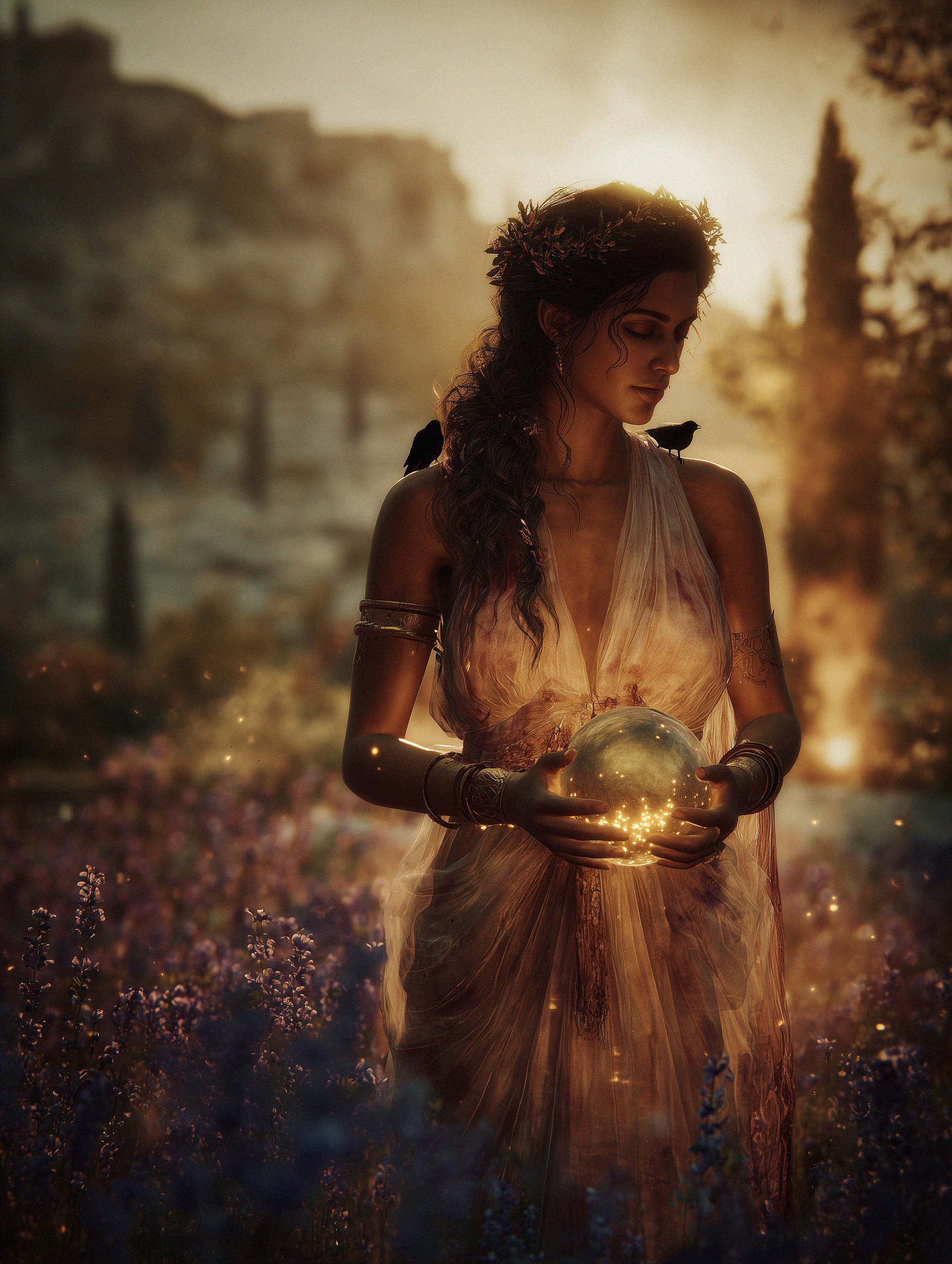 A Greek muse standing in a field during sunset, holding a glowing orb with sparks, wearing a flowing dress and a floral crown, with birds perched on her shoulders.