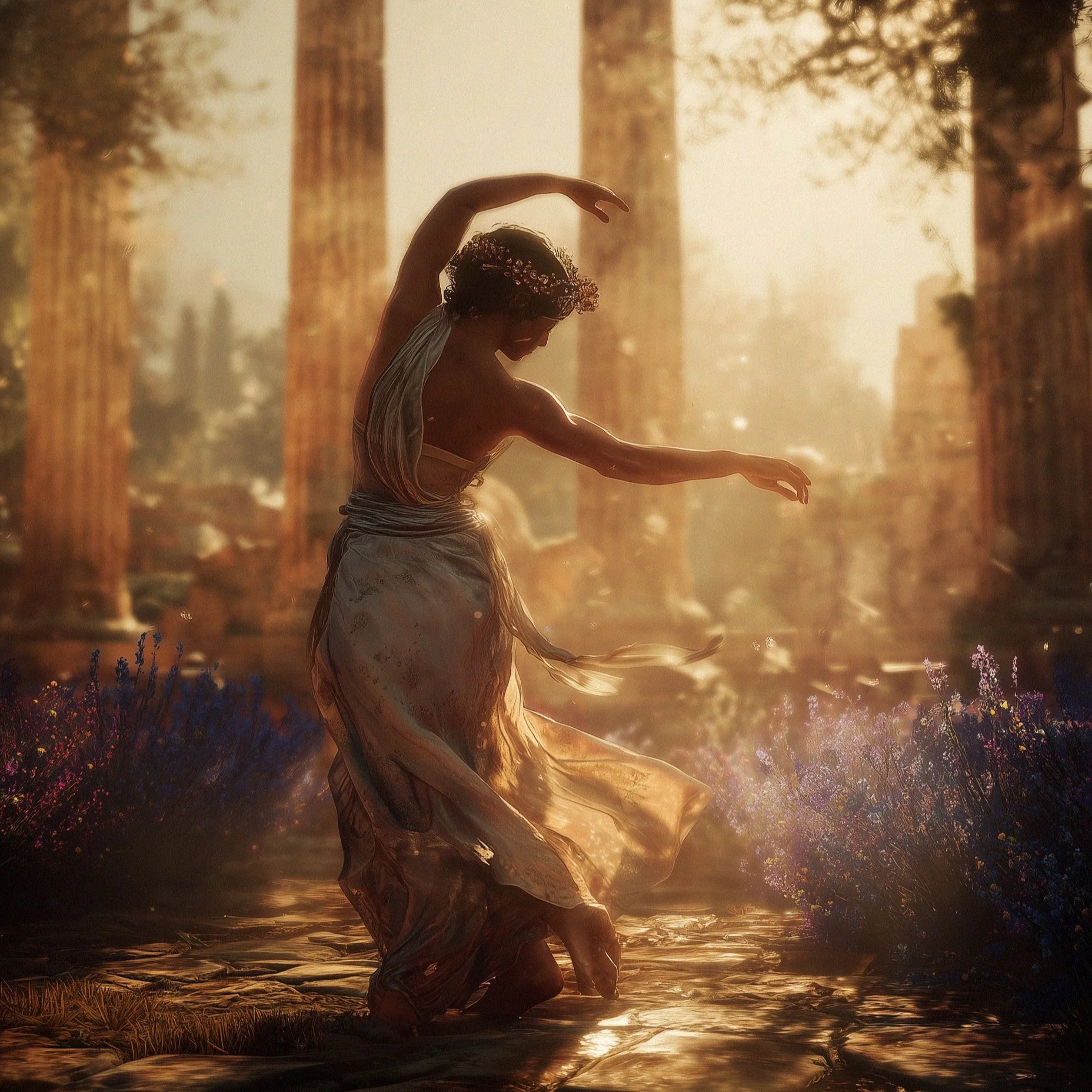 A woman is kneeling near the water's edge at sunset, raising her arms above her head in a dance pose, with tall trees in the background and the golden sunlight filtering through the scene.