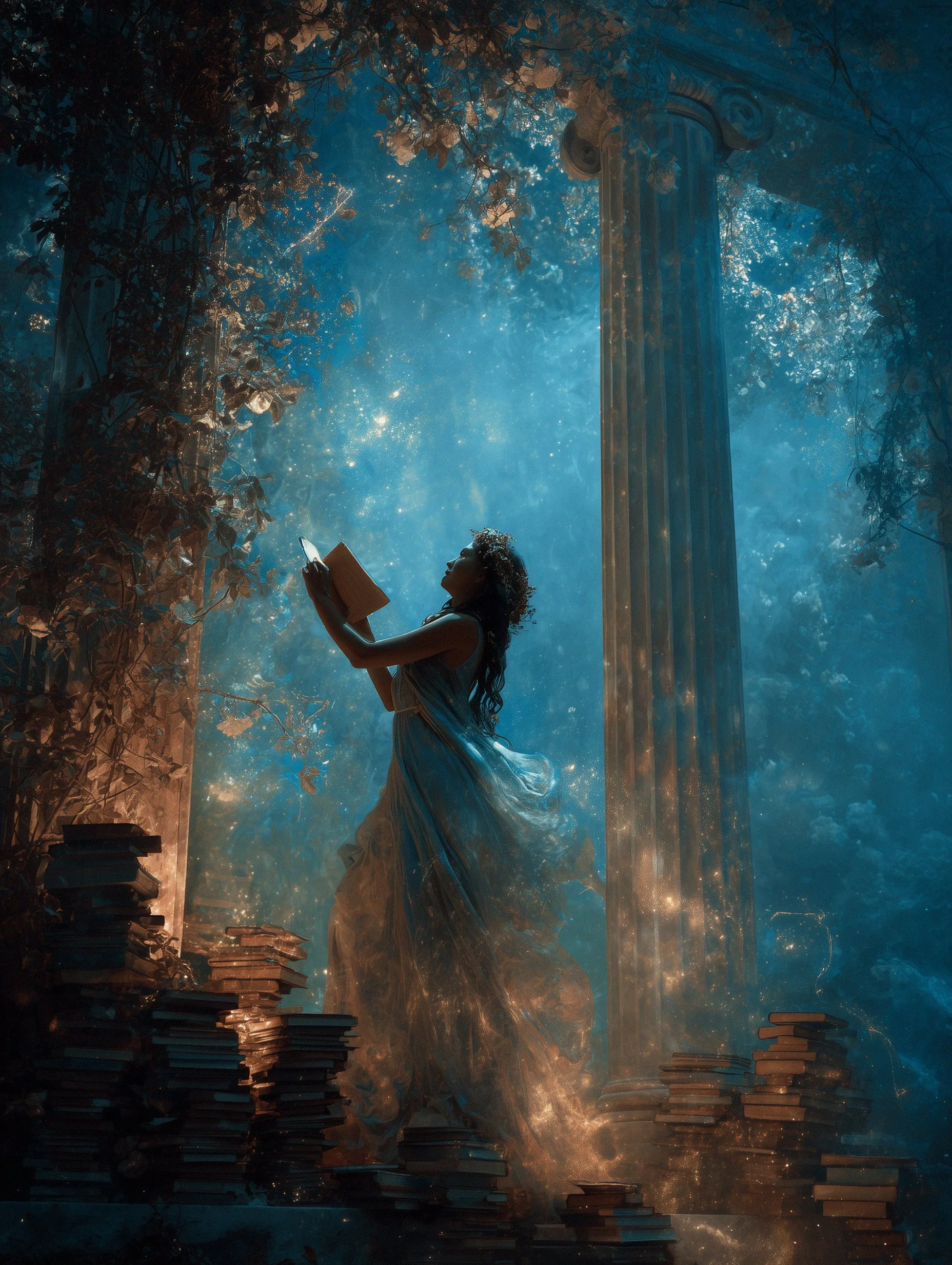 A Greek muse with long, curly hair is reading a book in a mystical forest scene, surrounded by ancient ruins, glowing particles, and stacks of books. The scene has a fantasy and magical ambiance with a large stone column and a luminous sky.