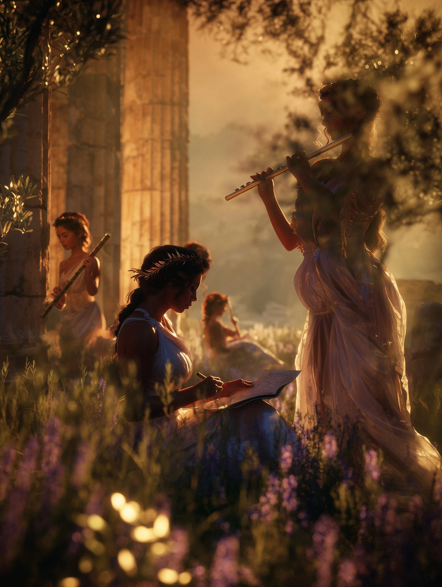 Silhouettes of Greek muses in flowing dresses holding music stands, with one woman playing a flute, set against a warm, sunset-lit background with trees and an old stone structure, possibly ruins.