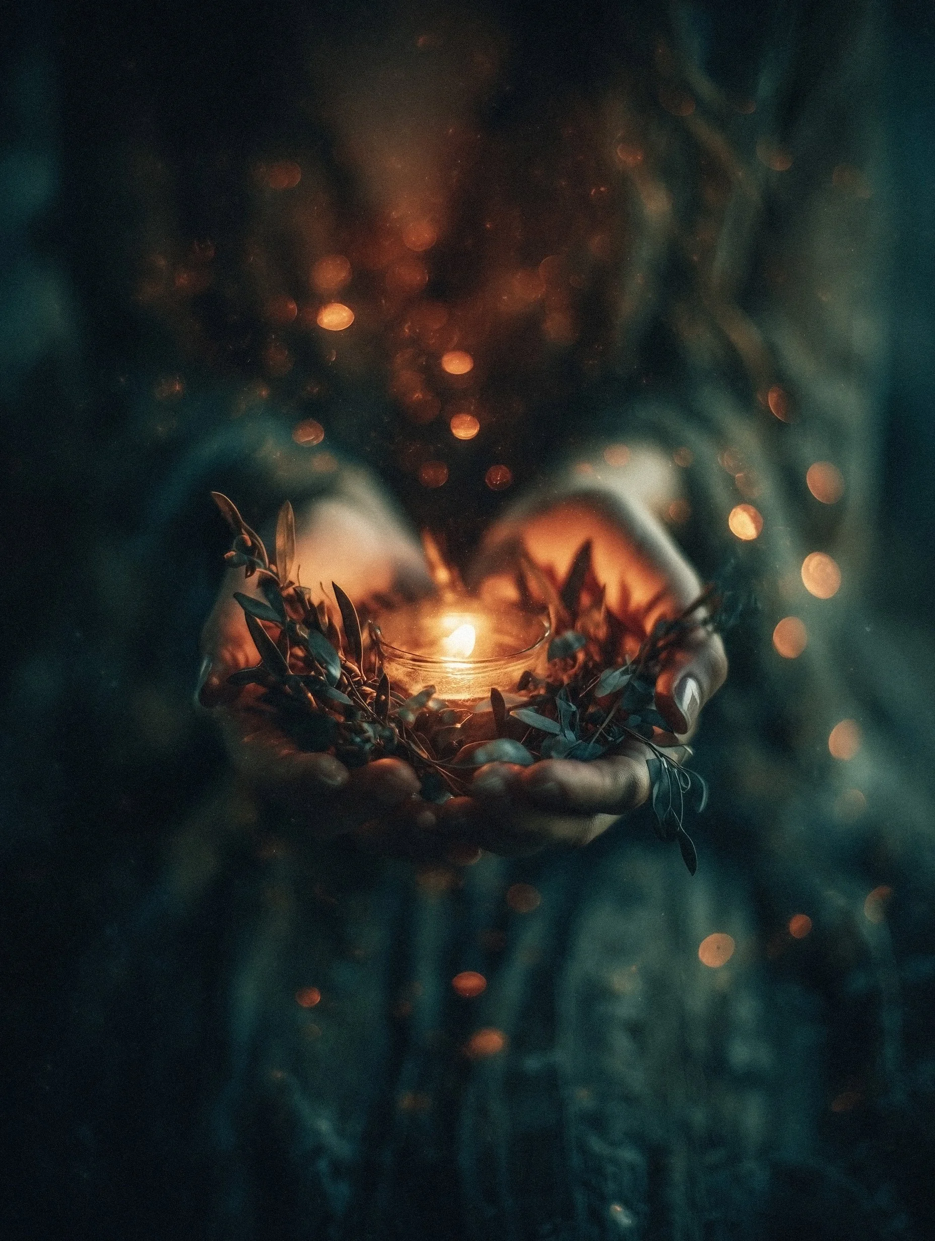Hands holding a lit candle surrounded by greenery and out-of-focus bokeh lights in the background.