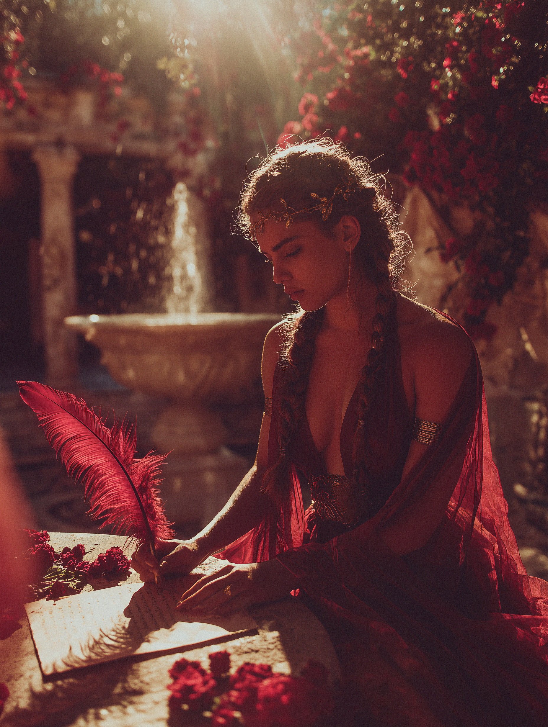 A woman with braided hair and a leafy headband, dressed in a sheer red garment, is sitting outdoors at a stone table, writing in a journal with red flowers and a large red feather nearby, with sunlight streaming through flowering bushes in the background.