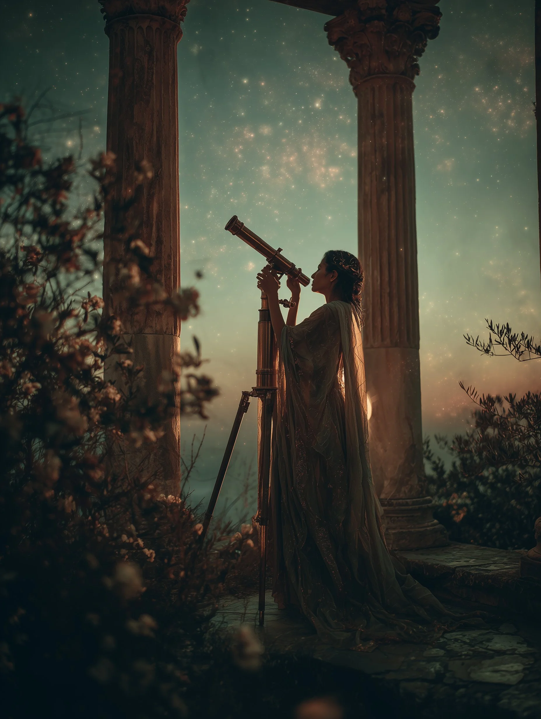 A Greek muse dressed in flowing robes looking through a telescope at night, with starry sky and ancient-style columns in the background.