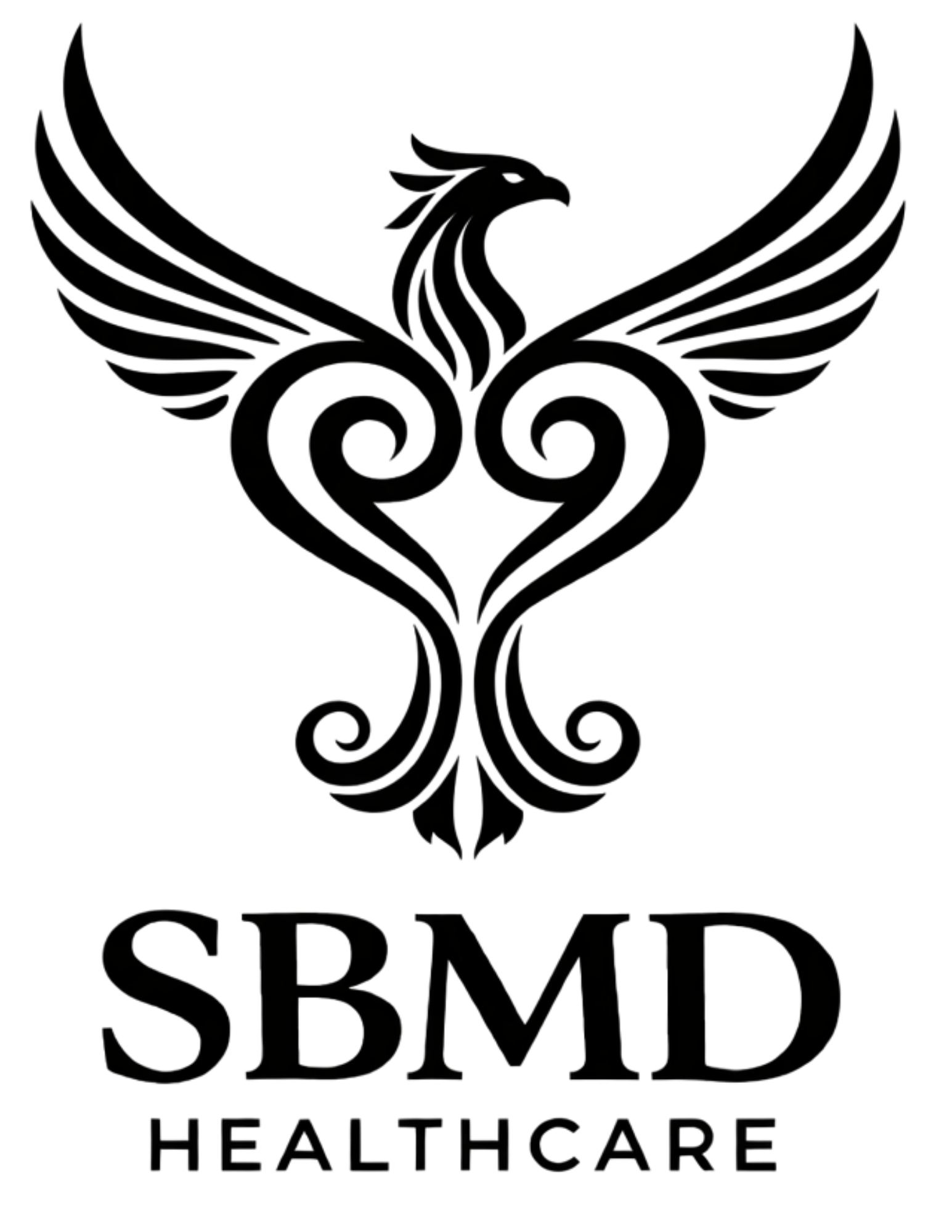 SBMD Healthcare logo, a bold line drawing of a phoenix rising from the stylized heart adinkra symbol, sankofa