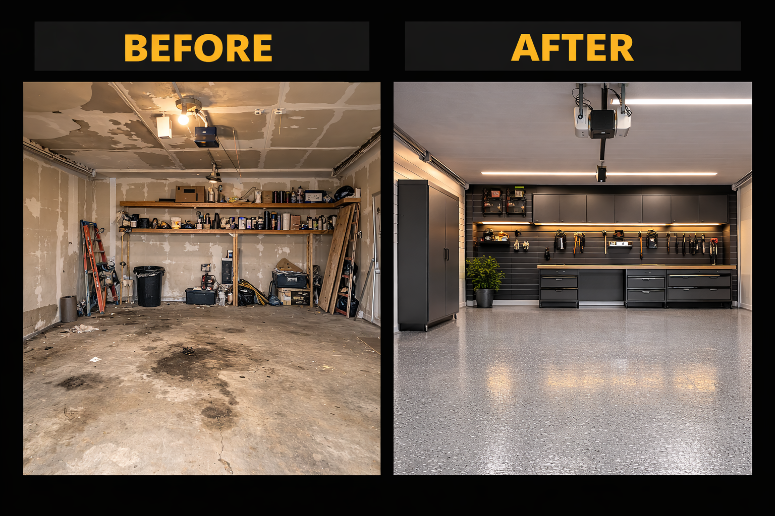 Side-by-side comparison of a garage before and after renovation, showing a cluttered, unfinished space on the left and a sleek, organized, finished garage with black cabinetry and lighting on the right.