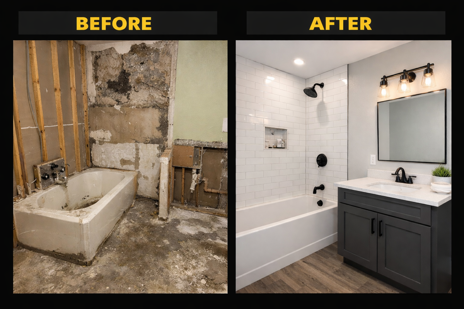 Side-by-side comparison of a bathroom before and after renovation; left side shows an unfinished, damaged bathtub and wall with exposed wall studs, while right side shows a finished, modern bathroom with a white bathtub, white subway tile walls, a gray vanity with a white countertop, a mirror, and contemporary lighting.