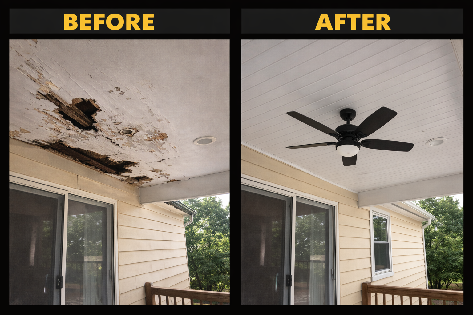 Comparison of a ceiling before and after repairs: the 'before' side shows a ceiling with peeling paint, holes, and water damage; the 'after' side shows a clean, painted ceiling with a ceiling fan installed.