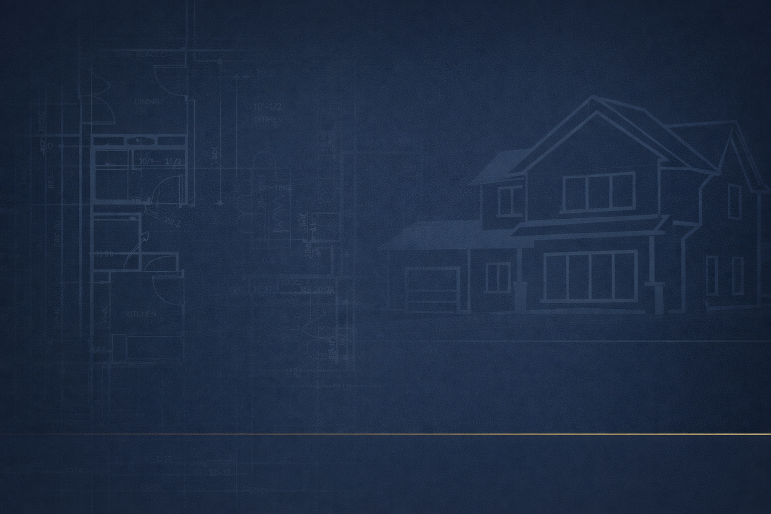 Blueprint of a house with architectural drawings and a house sketch on a dark background.