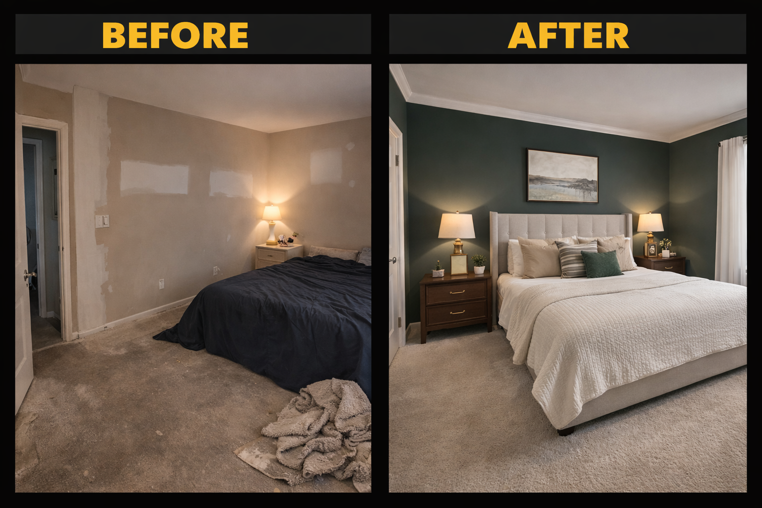 Side-by-side comparison of a bedroom before and after renovation, showing an upgraded space with a bed, nightstand, lamps, and wall art.