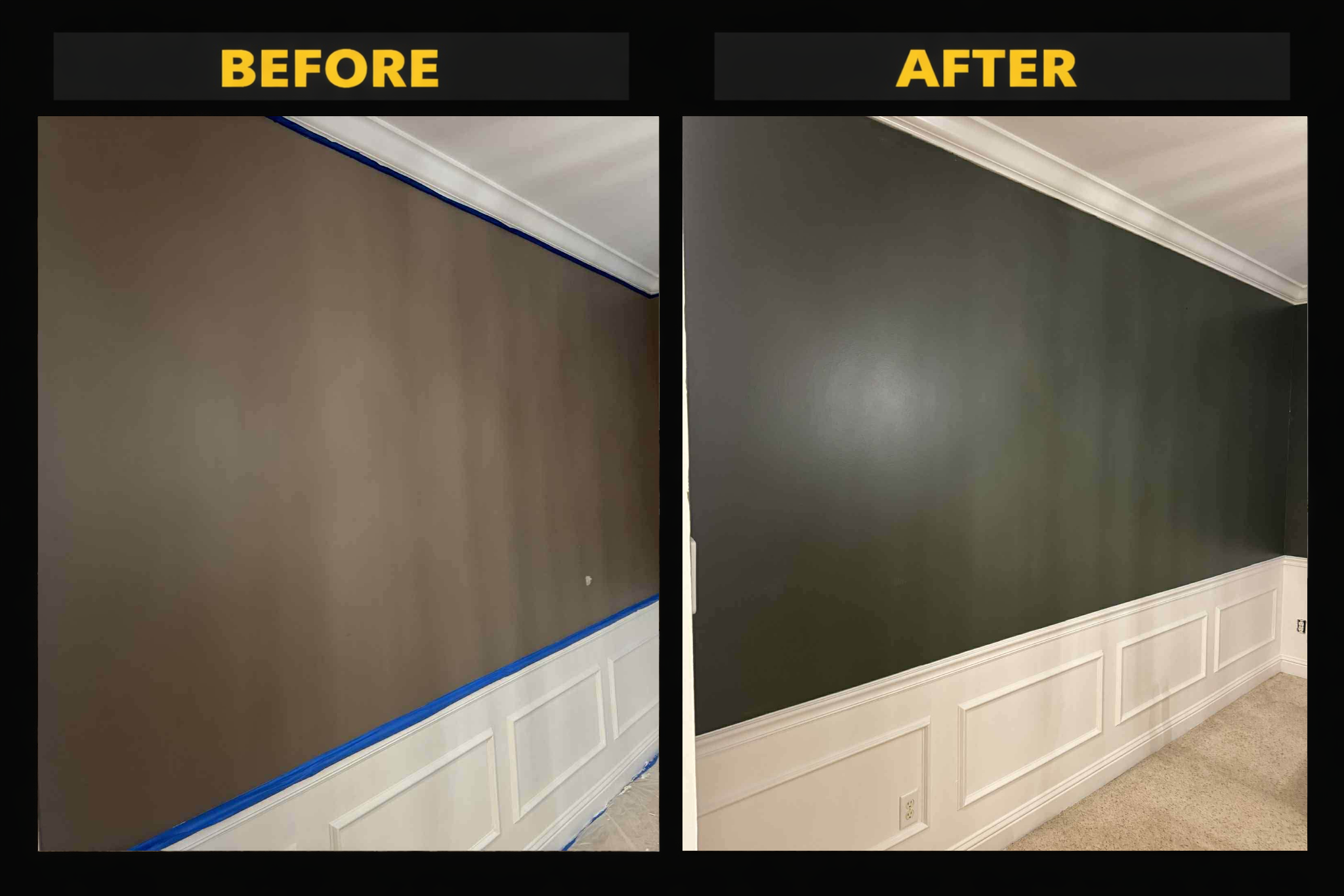 Split image showing a wall before and after painting. The 'before' side has a brown wall with painter's tape along the top and bottom edges. The 'after' side has a dark green wall with white wainscoting below, with the tape removed and paint finished.