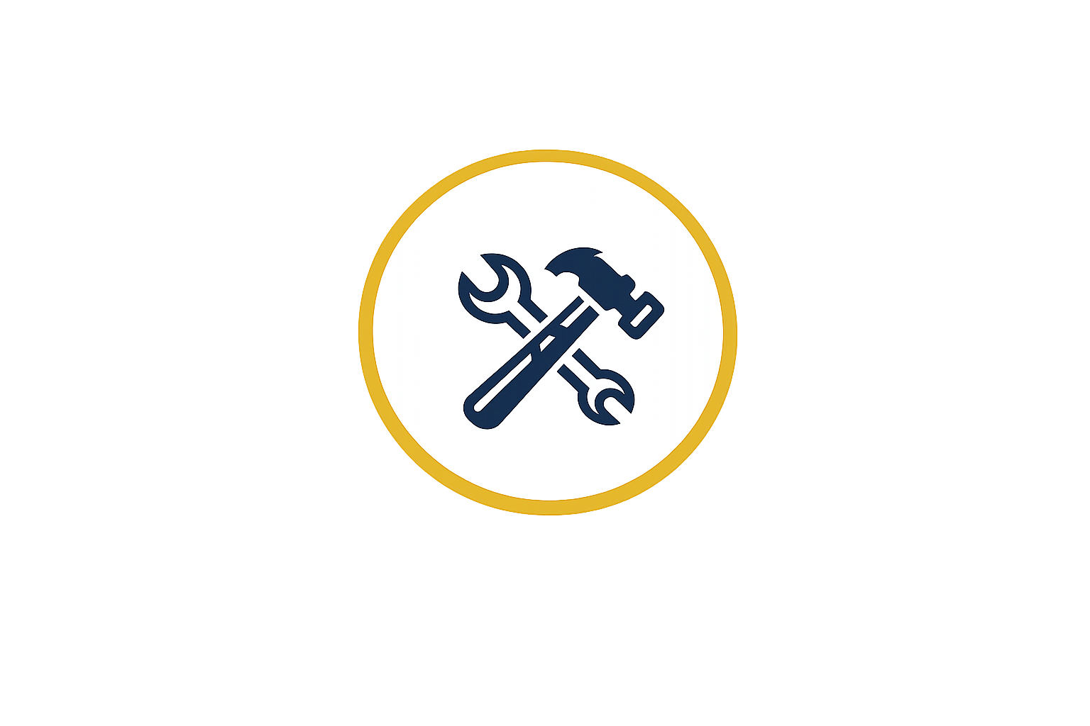 Circle icon with a wrench, screwdriver, and hammer crossed inside, representing tools or repair services.