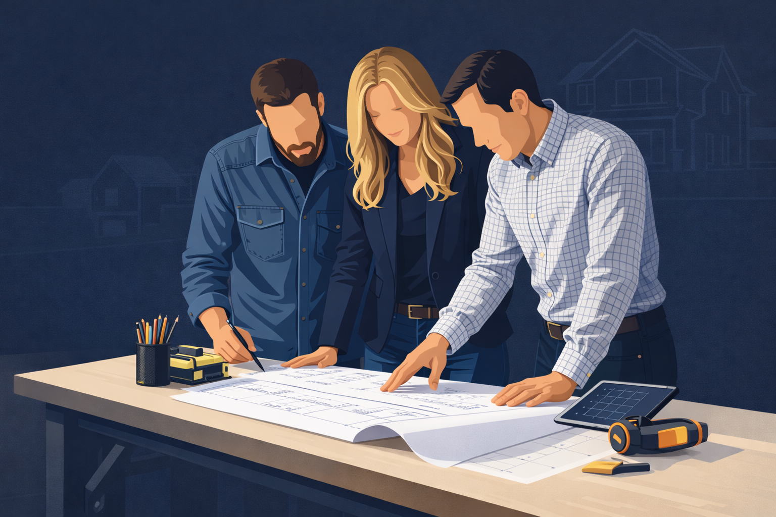 Three people reviewing architectural blueprints at a desk with drawing tools, a tablet, and a flashlight.