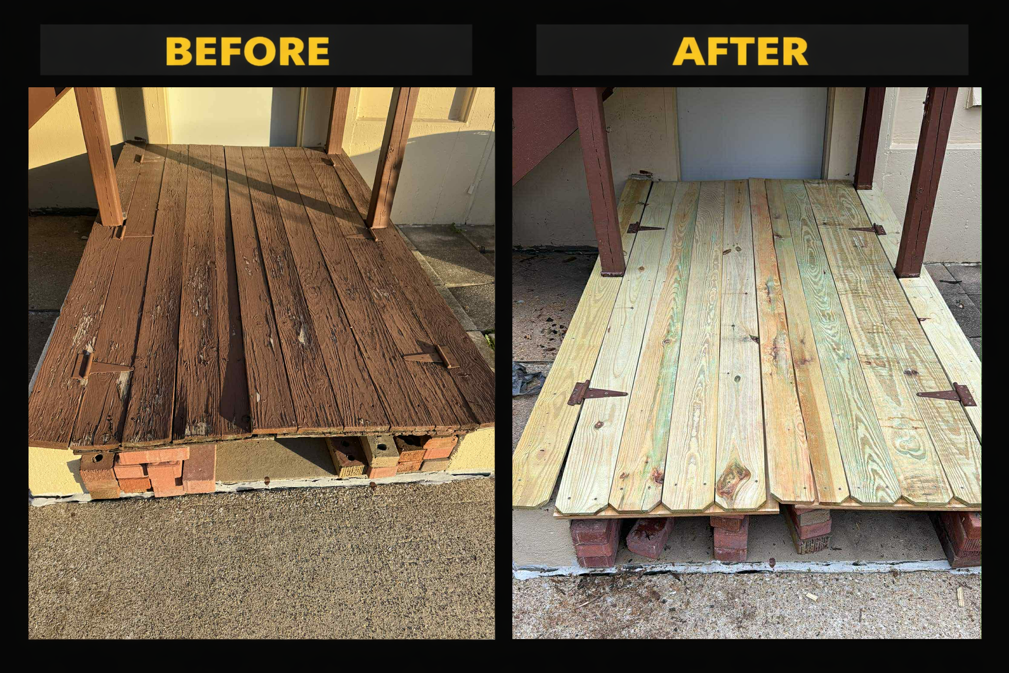 Side-by-side comparison of a small wooden porch before and after restoration. The left side shows weathered, dark brown, peeling, and damaged wood planks. The right side displays the same porch with new, light-colored, clean, and smooth wooden planks.