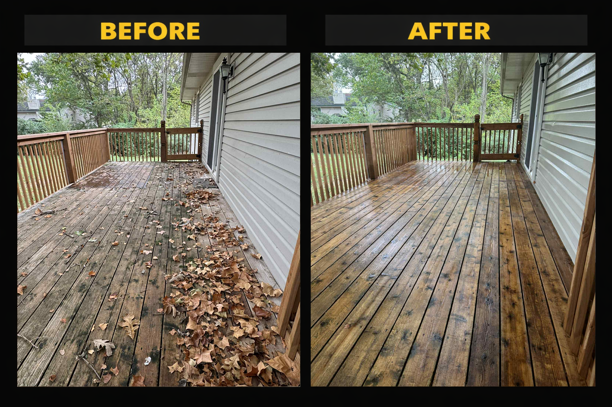 Comparison of a wooden deck before and after cleaning and staining. The "before" image shows a deck with dirt, leaves, and weathered wood, while the "after" image shows a clean, stained, and polished deck.
