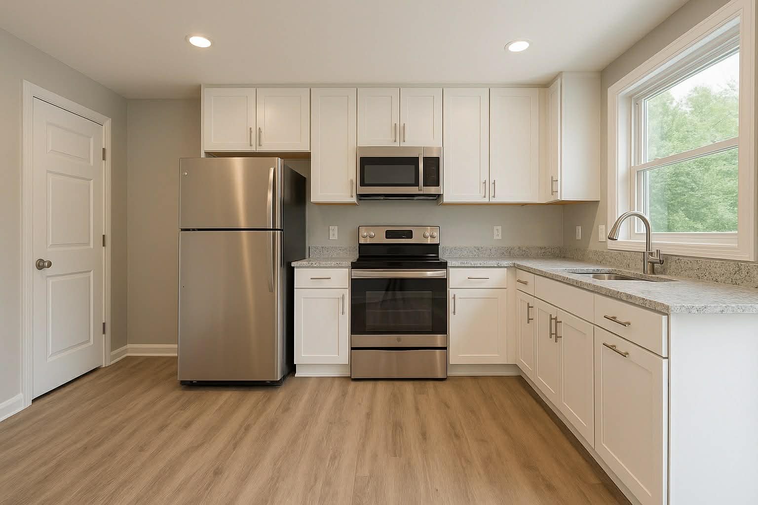 Modern kitchen with white cabinets, stainless steel refrigerator, microwave, and oven, a large window above the sink, and light wood flooring.