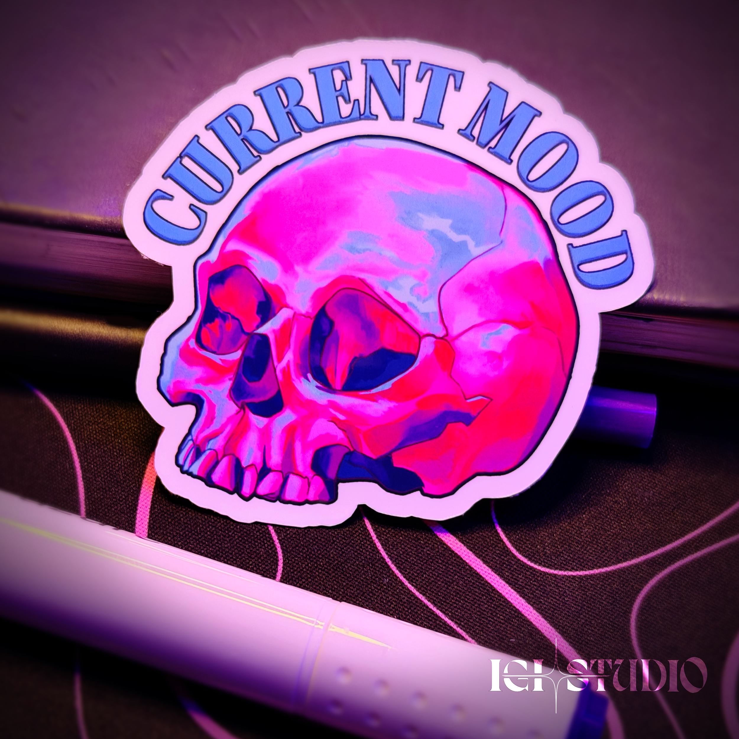 A Skull Die-cut Sticker, designed and printed in my home studio for my stationery shop!