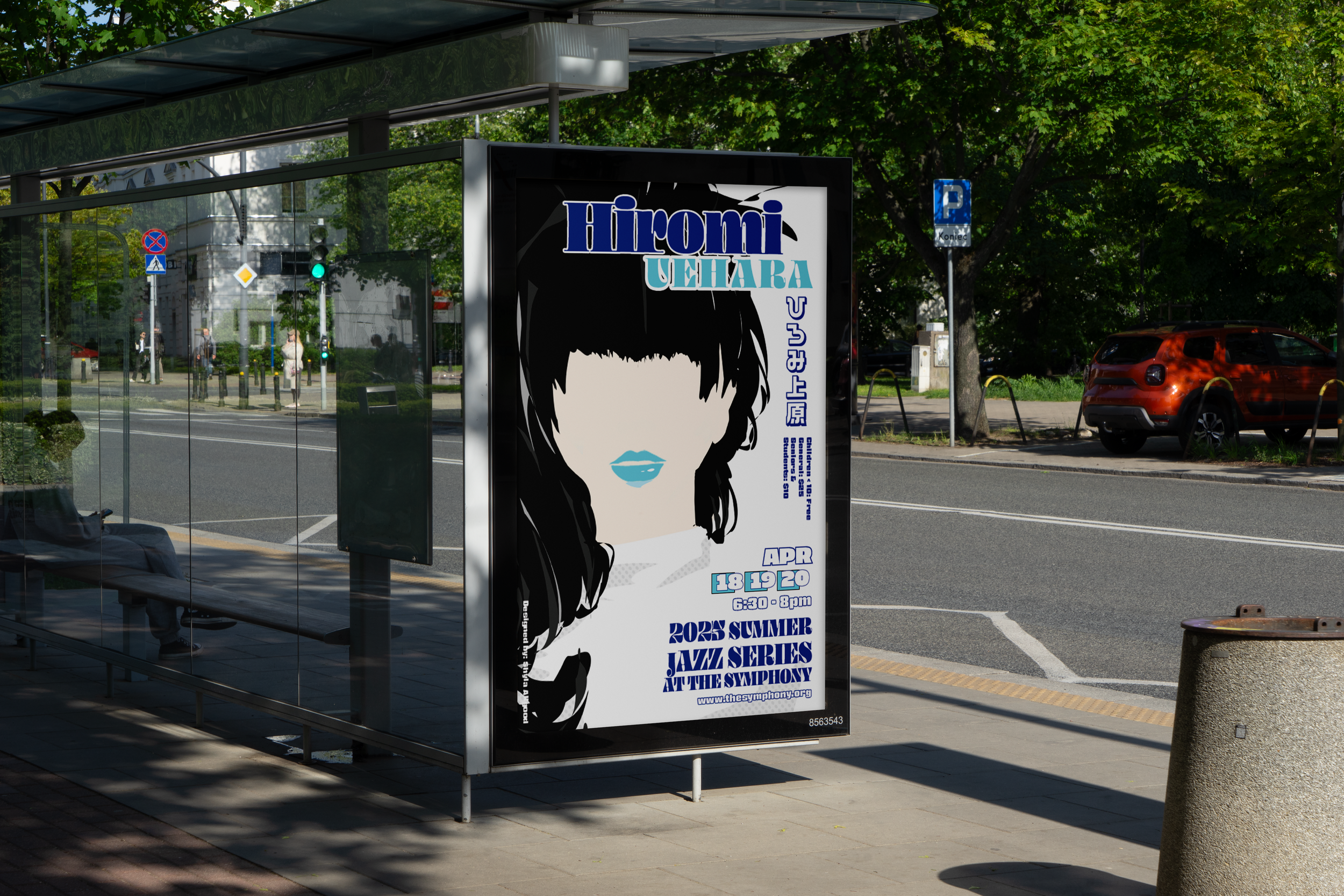 A Jazz Poster design for Hiromi Uehara, a jazz pianist known for her pops of color and extravagant hairstyles. The posts aims to advertise a fictional jazz summer festival. The Poster includes, dates, times, website information, and ticket details.