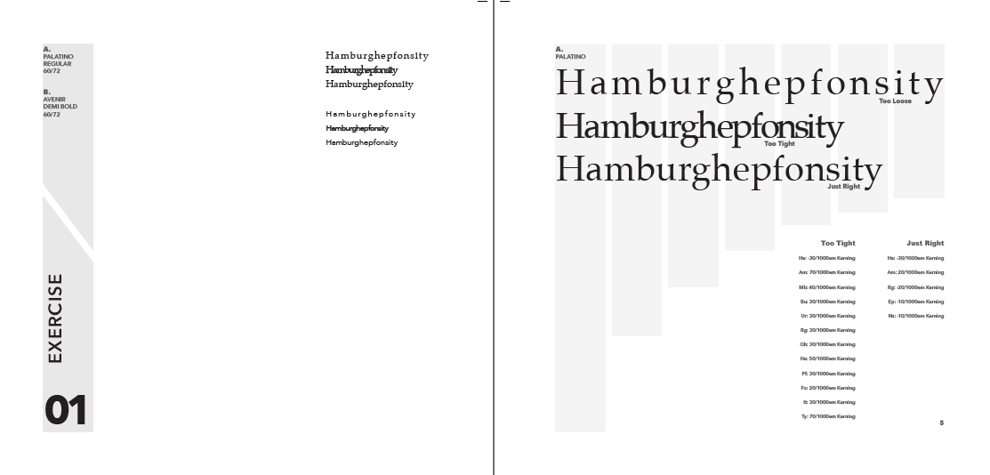 Kerning & Tracking Exercise for a specific word. The spacing reference is listed below for the three ranges: separated, squished, and optically adjusted.