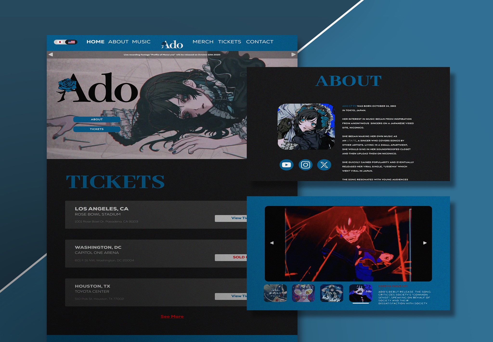 Musician Website Redesign for Japanese Artist, Ado. Desktop Version.