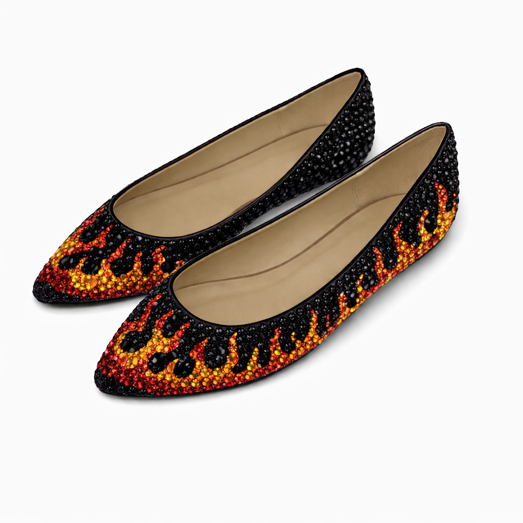 Fire Design Jet Black Orange Yellow & Siam Red Crystal Ballet Flat Shoes