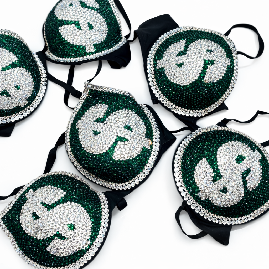 Emerald Green & Crystal Diamonds Money Theme Bra Top