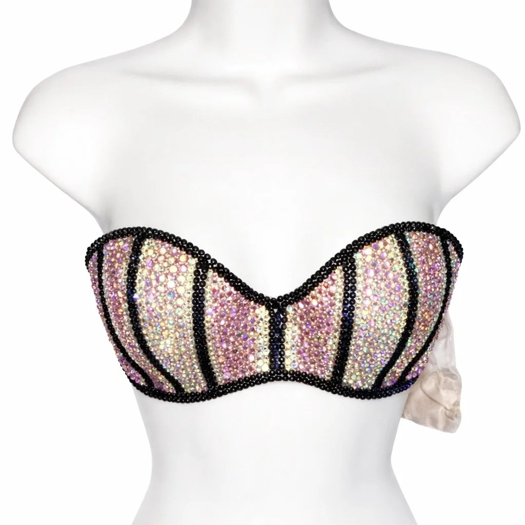 Light Rose Pink Jet Black & Crystal AB Pin Stripe Design Rhinestone & Crystal Bra Top