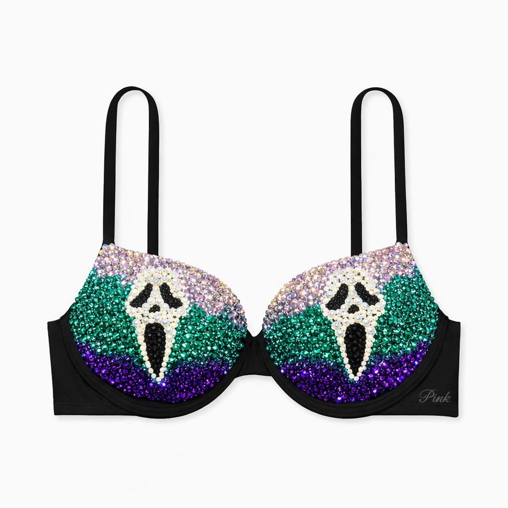 Ghost Face Double Design Purple Teal & Crystal AB Bra Top