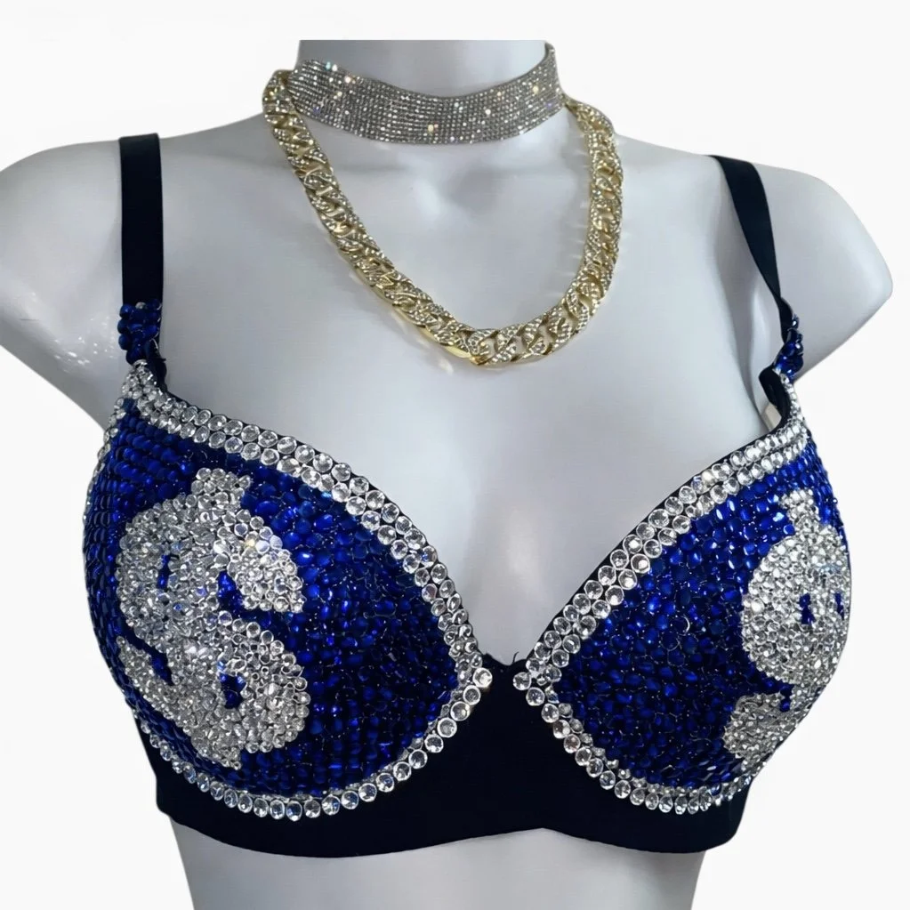 Sapphire Blue & Crystal Money Theme Bra Top