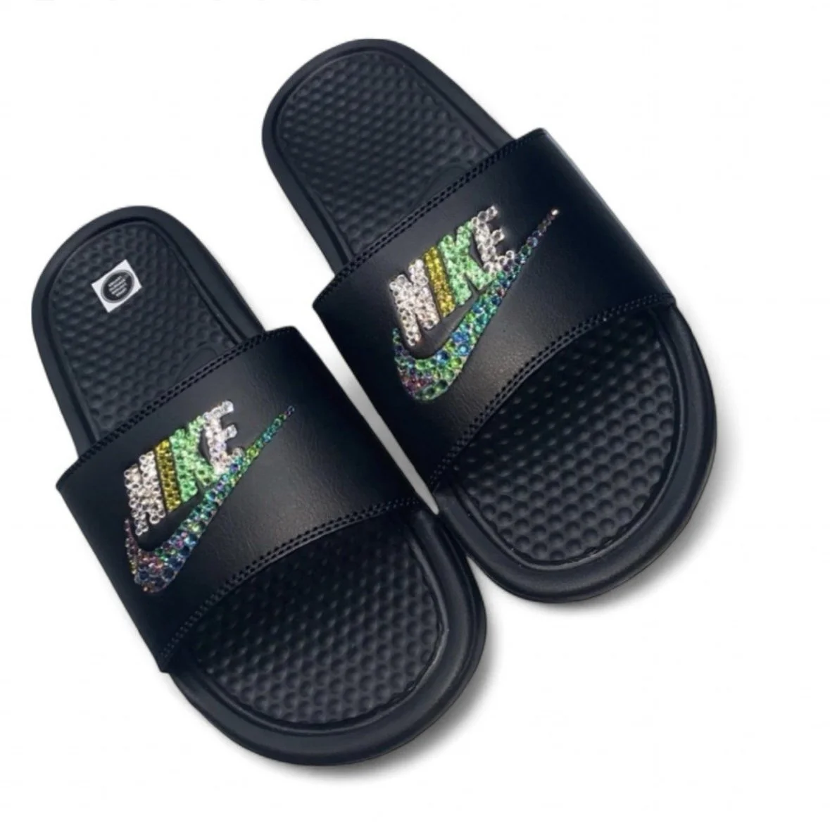 Luxe Crystal Green Mix Black Slides